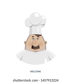 Background. Cartoon character person. Funny cute kind cook in a white cap, uniform and glasses is smiling. Welcome! - Vector illustration