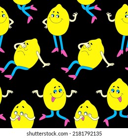 Background of cartoon characters. Seamless vector pattern with funny lemons in a trendy retro cartoon style.