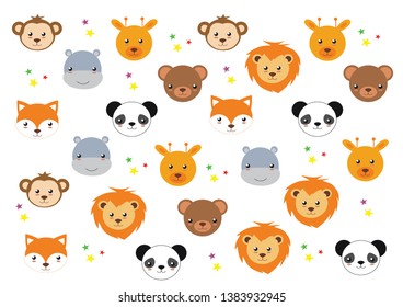 background with cartoon circus animal heads (panda, lion, giraffe, bear, monkey, fox, hippopotamus)