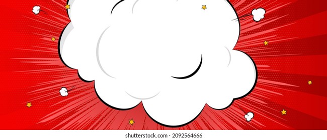 Background in cartoon comics book style. Speech bubble, rays from burst clouds and flying stars. Vector illustration with place for text