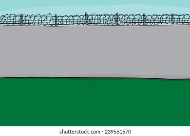 Background cartoon of concrete block wall with barbed wire