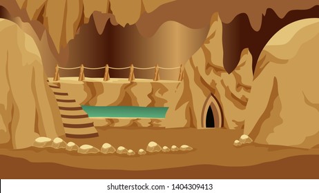 Background for cartoon or fantasy game asset. Underground realm of gnomes or dark elves. Cave landscape with rock house, stones and underground lake. Vector illustration