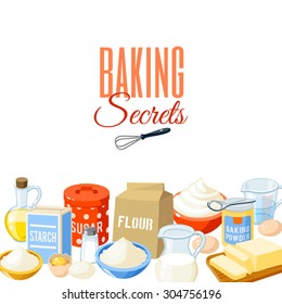 Background with cartoon food: baking ingredients - flour, eggs, oil, water, butter, starch, salt, whipped cream, baking powder, milk, sugar. Vector illustration, isolated on white, eps 10.