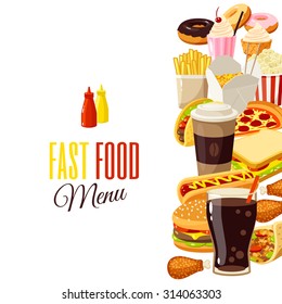 Background with cartoon food: hamburger, french fries, coffee, sandwich, popcorn, ice cream, pizza, taco. Vector illustration, isolated on transparent background, eps 10.