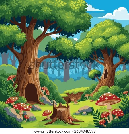 Background Cartoon Forest Landscape with Trees, Mushrooms, and Tree Stumps.Vector illustration