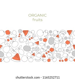 Background with cartoon fruit icons. Design card.