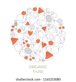 Background with cartoon fruit icons. Design card.