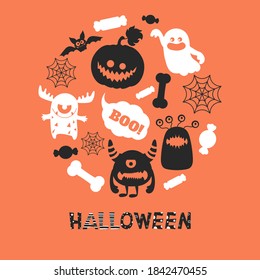 Background with cartoon funny monsters and Halloween symbols.