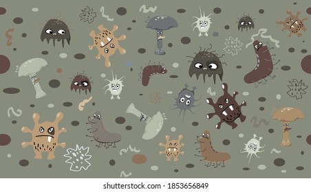 Background with cartoon germs, viruses, bacteria and amoebas, seamless repetition, EPS 8 vector illustration, no transparencies