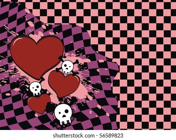 background with cartoon heart and skull in vector format