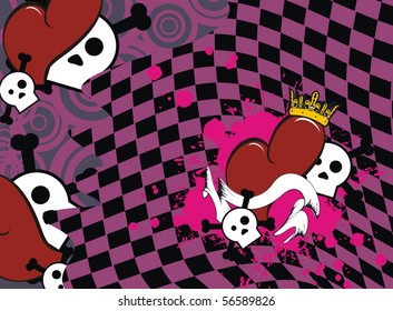 background with cartoon heart and skull in vector format