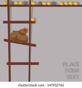 background with  cartoon hen with chicken on ladder