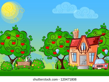 background cartoon house surrounded by the trees