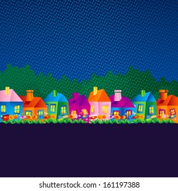 background with cartoon houses, background with cartoon village houses in the spring and autumn in the countryside in the rain