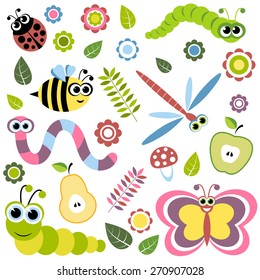 Background with cartoon insects, flowers, leaves, apple and pear