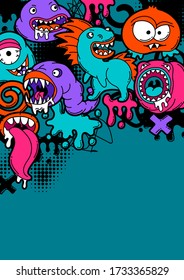 Background with cartoon monsters. Urban colorful teenage creative illustration. Evil creatures in modern comic style.