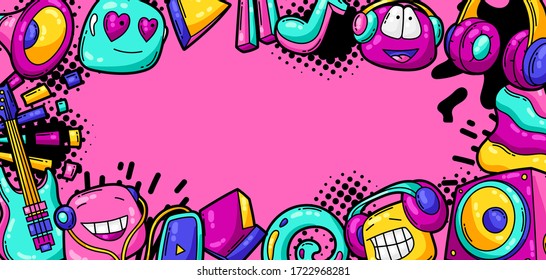 Background with cartoon musical items. Music party colorful teenage creative illustration. Fashion symbol in modern comic style.
