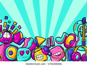 Background with cartoon musical items. Music party colorful teenage creative illustration. Fashion symbol in modern comic style.