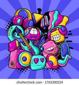 Background with cartoon musical items. Music party colorful teenage creative illustration. Fashion symbol in modern comic style.