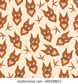 Background cartoon owl and paw prints. Children's pattern with funny cute  nestlings.