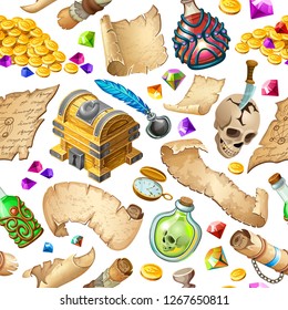 Background cartoon parchments, money, isometric treasure chests, magical drinks or poisons. 3d vector illustration.