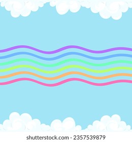 Background cartoon rainbow between the clouds. The blue sky is framed by white clouds. Vector children's pattern.