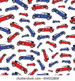 Background cartoon red and blue old vintage authentic retro cars.