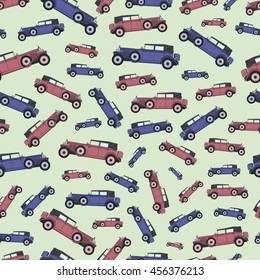 Background cartoon red and blue old vintage authentic retro cars.