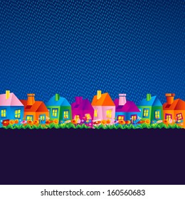 background with cartoon rural home in the rain