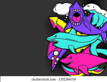 Background with cartoon sharks. Urban colorful teenage creative illustration. Fashion symbol in modern comic style.