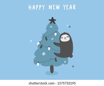Background with cartoon sloth. Happy New Year 2020 vector print. 