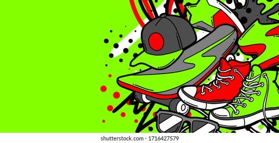 Background with cartoon sneakers, skateboard and baseball cap. Urban colorful teenage creative illustration. Fashion symbols in modern comic style.