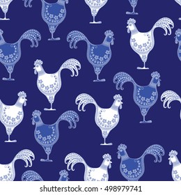 Background cartoon stylized rooster ornament blue and white. Symbol 2017.