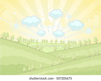 the background cartoon sun trees hills clouds