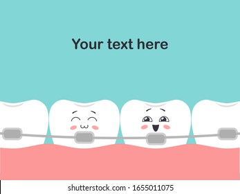 Background with cartoon teeth with orthodontic braces. Vector illustration in cartoon style with place for text