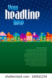 background with cartoon village houses at night with the stars