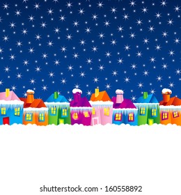 background with cartoon village houses in winter in the snow and Christmas theme, xmas
