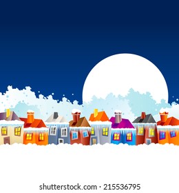 Background with cartoon village houses in winter in the snow and Christmas theme at the end of the year and New Year's Eve