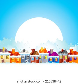 background with cartoon village houses in winter in the snow and Christmas theme at the end of the year and New Year's Eve