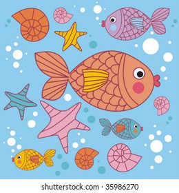 background with cartoons fish under the water