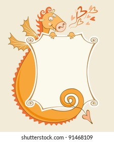 Background with cartoony enamored dragon and banner in vector. Symbol of chinese new year 2012 . Valentines Day's card with hearts. Text box with frame