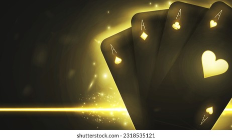 Background for a casino with black and gold cards on a dark background with a bright yellow light.