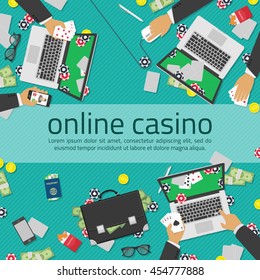 Background of Casino online. Illustration of casino in flat style. Internet casino concept. Online poker app on laptop screen, cards and poker chips all around. Concepts web banner, games of chance.