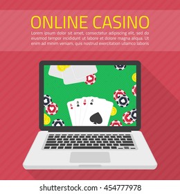 Background of Casino online. Illustration of casino in flat style. Internet casino concept. Online poker app on laptop screen, cards and poker chips all around. Concepts web banner, games of chance.