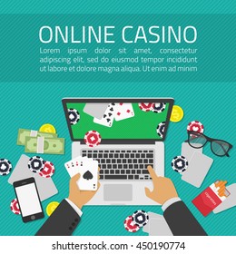 Background of Casino online. Online poker app on laptop screen, cards and poker chips all around. Illustration of casino online in flat style. Concepts web banner, games of chance.