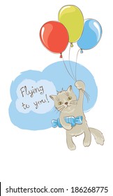 Background with a cat flying on balloons 