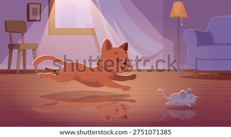 Background cat. Happy cartoon cat running exact vector illustration template