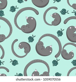 Background with cats and fish. Cute sleeping cats pattern