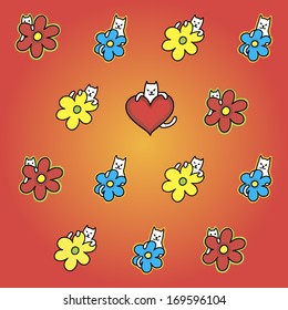 background with cats, flowers and heart