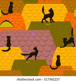Background with cats on the roofs seamless patterm